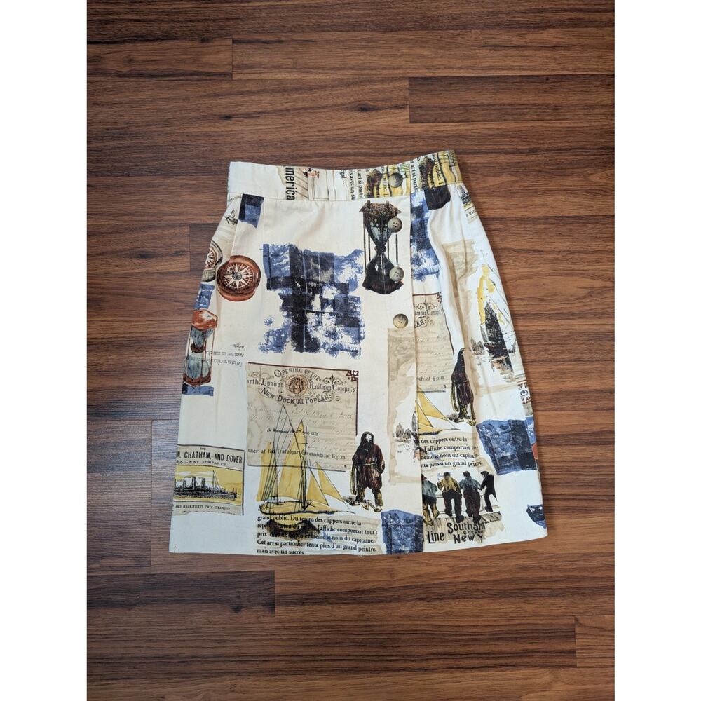 Dennis Arbuckle Nautical Print Cotton Skirt Size 4 Vintage Button Wrap Artsy